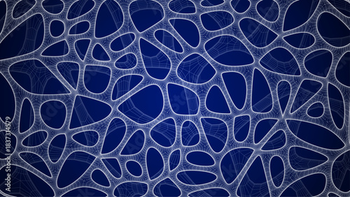 Blue Organic Cell Pattern With Neural Texture. Abstract Voronoi Network. Ai Bg With Neuron And Synapse Geometry. Cyber Grid And Mesh. Techno Background With Dynamic Lines And Curve. Biology Structure