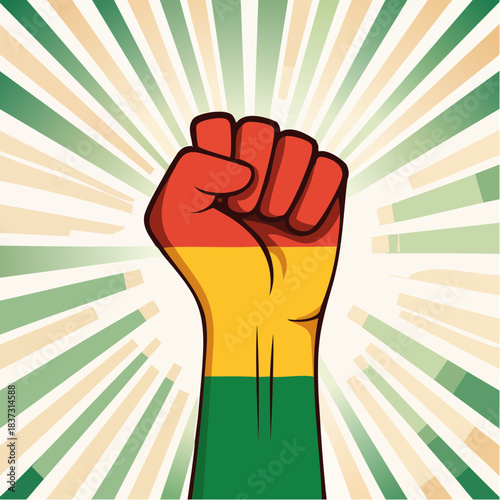 A powerful raised fist, colored with the Bolivian flag, against a vibrant sunburst background, symbolizing strength and national pride.