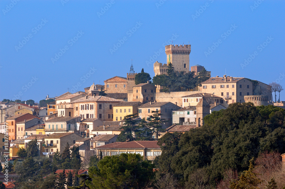 Fototapeta premium Offagna, Ancona district, Marche region, Italy, view of the village with the tower of the medieval fortress