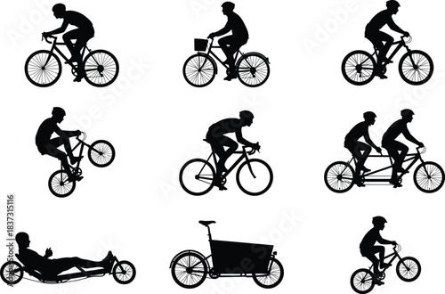 Black Silhouette Vector Illustration Set of Cycling, featuring Riders on Various Bicycle Types including Road, Mountain, Cargo, and Recumbent Bikes