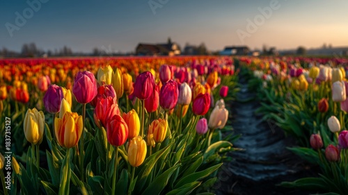 Vibrant tulip field at sunset with warm tones. AI image