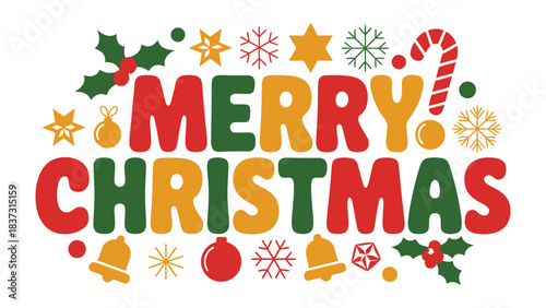 Festive Cheer: A vibrant, colorful Merry Christmas typography design. With holly, snowflakes, and festive decorations, it evokes the joy and warmth of the holiday season. 
