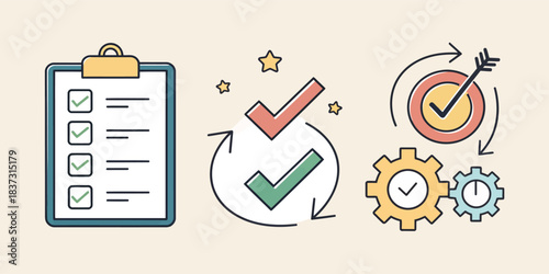 Checklist clipboard with checkmarks and workflow icons Keywords: checklist, clipboard, checkmark