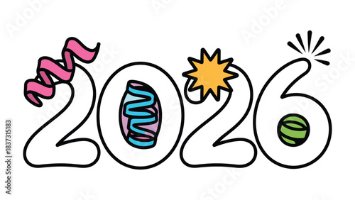 Celebratory 2026: A whimsical illustration with the year 2026, adorned with festive embellishments, representing new beginnings and joyous moments. 