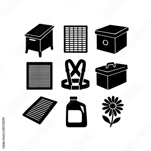 Collection of beekeeping equipment and supplies icons