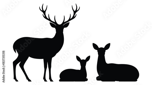 silhouette of deer family with standing stag and seated does, elegant wildlife illustration for nature themes, forest decor, christmas designs and animal artwork