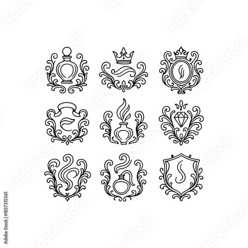 Collection of nine ornate black and white heraldic crests and emblems