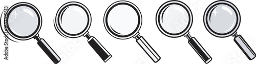 Collection of five stylized black and white magnifying glass icons, representing search, focus, discovery, and analysis on a clean background.