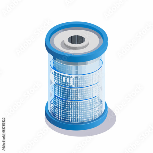 Isometric vector illustration of reverse osmosis membrane filter cutaway view showing internal layers for water purification technology and desalination concept on white background