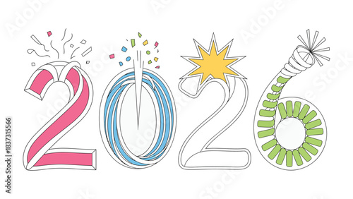 New Year 2026: An illustrated representation of the year 2026, with colorful celebratory elements incorporated into each digit.