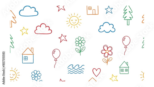 Playful doodles in the sun: A vibrant collection of childlike doodles, featuring a sun, flowers, stars, house, balloons and clouds that is joyfull and artistic
