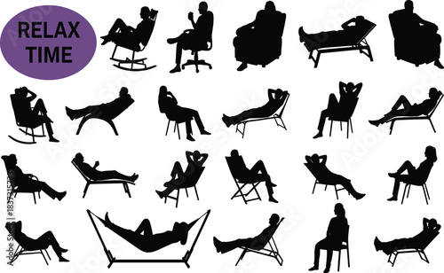 Large vector collection of human silhouettes engaged in various relaxing poses, sitting, and lounging in chairs, hammocks, and recliners for leisure time design.