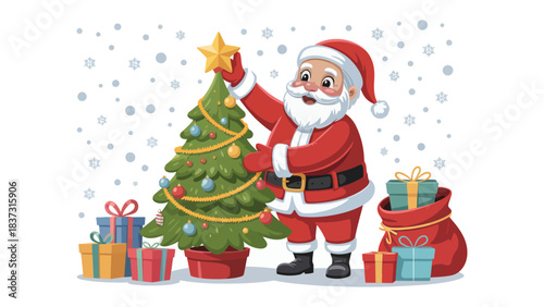Festive Santa Claus Decorating Christmas Tree: Santa Claus, a jovial figure, is placing a star on the top of a beautifully decorated Christmas tree, surrounded by wrapped gifts.