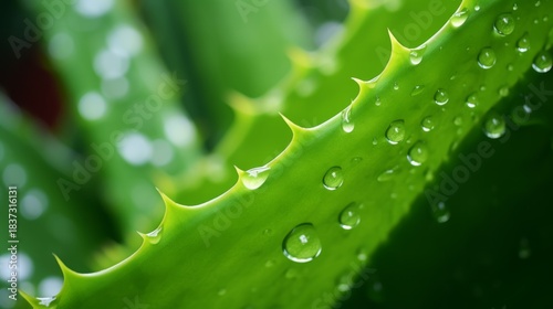 Detailed view of aloe leaf showcasing water droplets on surface. Bright green tones with soft lighting emphasize freshness and texture. Photographed at close range. Neural network AI generated