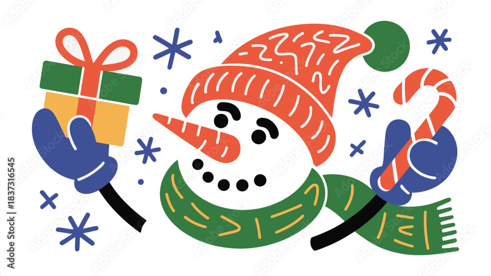 Fototapeta premium Snowman's Joyful Holiday Celebration: A cheerful snowman, adorned with a hat and scarf, embodies holiday spirit, holding gifts and treats, spreading joy and festive cheer.