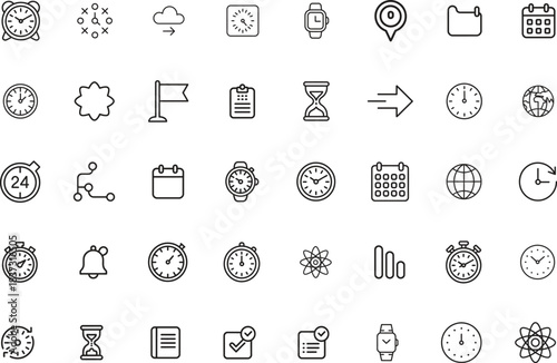 Clock, Timer, and Time Management Icons Set - Editable Stroke, Vector Illustration