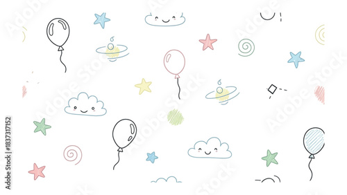 Childhood Whimsy: A delightful collection of playful balloons, smiling clouds, sparkling stars, and swirling patterns dance across a pristine backdrop.