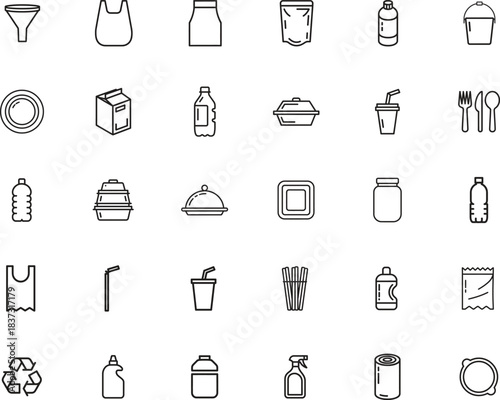 plastic thin line icons set. bottle, container, recycle, waste. editable stroke. vector illustration