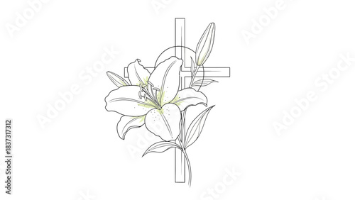 Elegant line art Easter lily blooming beautifully against a subtle geometric cross design for spiritual projects