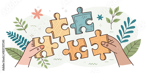 Hands assembling colorful puzzle pieces with plants and flowers