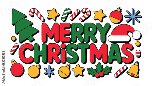 Festive Christmas Celebration: A vibrant and joyful display of festive icons, the bold text MERRY CHRISTMAS creates a spirit of celebration.