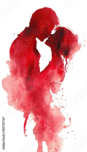 Abstract Romantic Watercolor Art of Couple Kissing in Red Silhouette