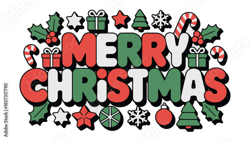 Merry Christmas Festive Illustration: A vibrant illustration filled with festive elements, wishing everyone a Merry Christmas. Featuring the text Merry Christmas surrounded by seasonal ornaments.