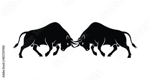 Two bulls fighting silhouette vector art illustration
