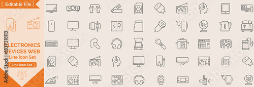 Devices set of web icons in line style. Electronic devices and gadgets icons for web and mobile app. Smart devices, technology, computer monitor, smartphone, tablet, laptop, drone. Vector illustration