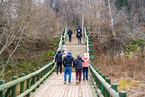 Group of Hikers Ascending a Wooden Boardwalk Through Autumn Woods
