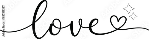 Minimalist black and white cursive lettering of the word Love vector, featuring an intertwined outline heart symbol and decorative hand-drawn sparkles, perfect for wedding decor and greeting cards.