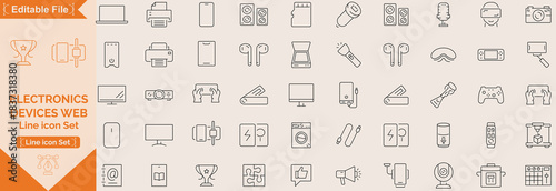 Devices set of web icons in line style. Electronic devices and gadgets icons for web and mobile app. Smart devices, technology, computer monitor, smartphone, tablet, laptop, drone. Vector illustration
