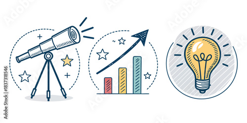 Telescope chart and lightbulb icons graph idea