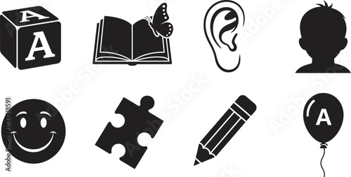 Collection of essential learning and development icons for children, representing education, senses, play, and emotional growth.