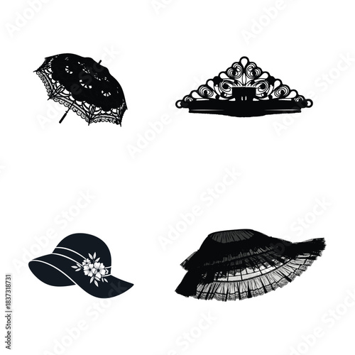 Black Silhouettes of Victorian Era Accessories on White Background umbrella parasol