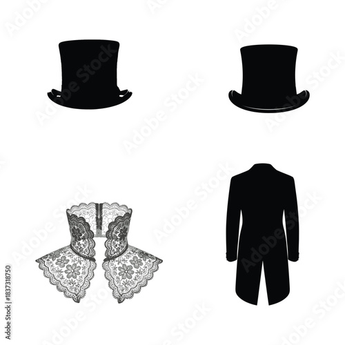 Black Silhouettes of Top Hats and Lace Garments on White Background headwear corset