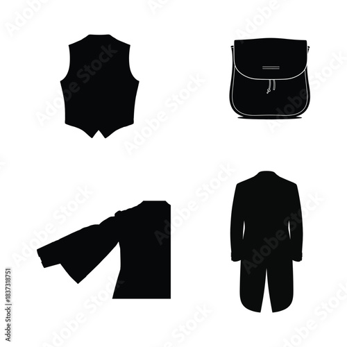 Black Silhouettes of Formal Wear and Accessories on White Background vest waistcoat