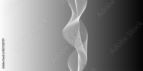 Abstract black and white wave lines on transparent background. Technology, data science, geometric border pattern. Modern wavy line pattern in monochrome colors. Light painting photography.