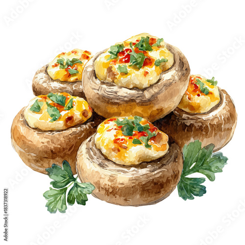 Watercolor illustration of Stuffed Mushrooms, vector artwork, isolated on white background.