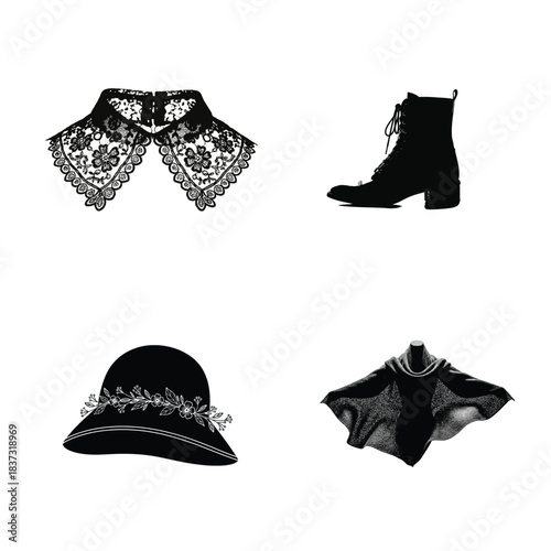 Silhouette Collection Of Victorian Fashion Accessories On White Background Keywords: lace collar, lace-up boot