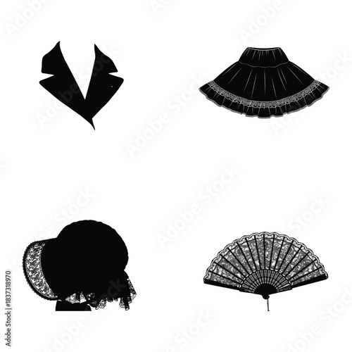 Silhouettes of vintage fashion items and accessories on white background jacket lapel