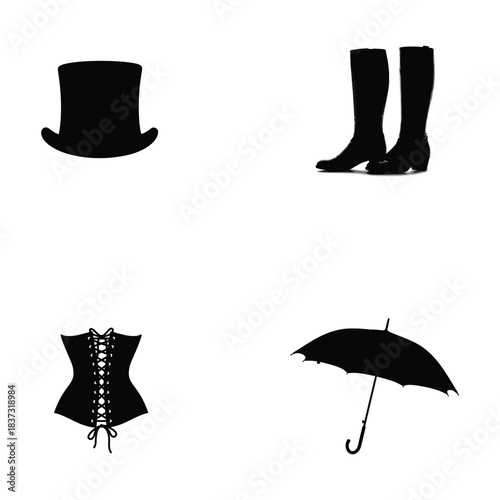 Black Victorian Era Fashion Accessories Silhouettes on White Background top hat cylinder hat