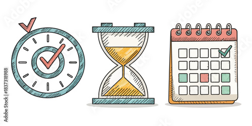 Time and planning icons with target, hourglass, and calendar