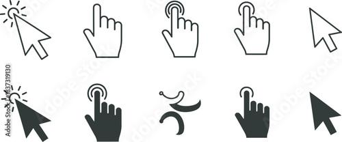 Collection of diverse mouse pointer and finger hand gestures for clicking, tapping, and hovering in user interface designs, isolated.