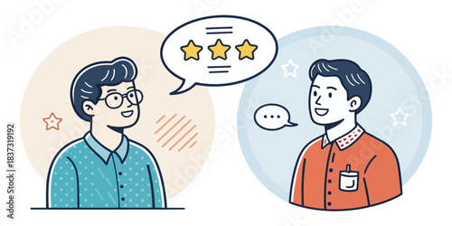 Two men discussing with star rating and speech bubbles
