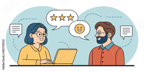 Woman and man collaborating with feedback and smiley face
