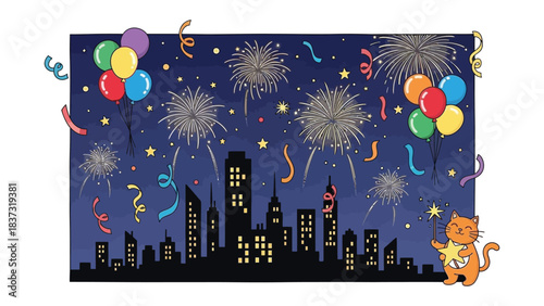 Festive City Celebration: The night sky ignites with vibrant fireworks over a lively city skyline, as festive balloons and confetti swirl creating a celebration scene.