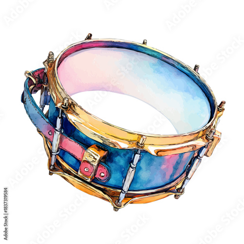 Tambourine, watercolor painting, vector illustration, isolated on a white background.