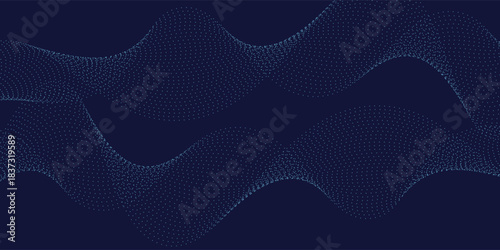 Flowing dots particles wave pattern in blue green colors. Vector curve light line. Abstract background banner design for music, Ai technology, neural network concept