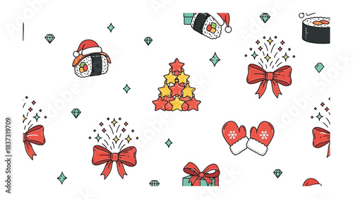 Festive Sushi Pattern: A charming pattern of sushi rolls, each playfully adorned with festive holiday hats and embellishments, surrounded by holiday ornaments